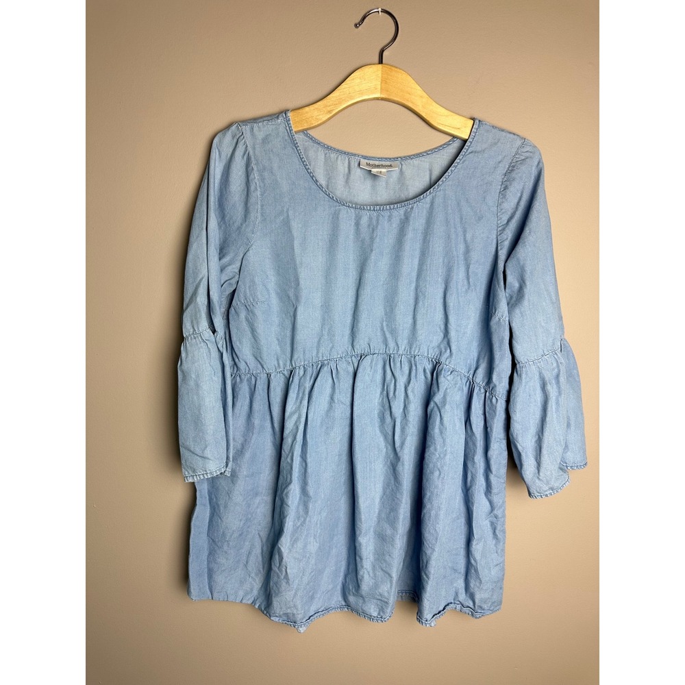 Motherhood Maternity Blue Chambray Empire Waist Bell Sleeve Peplum Top Size M